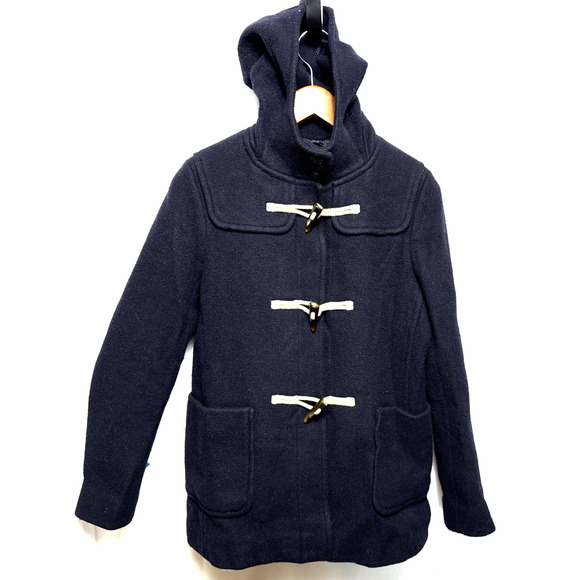 Women's Navy Blue Wool Blend Coat Duffle Nautical Style Hooded Lined Size M EUC - Picture 1 of 11
